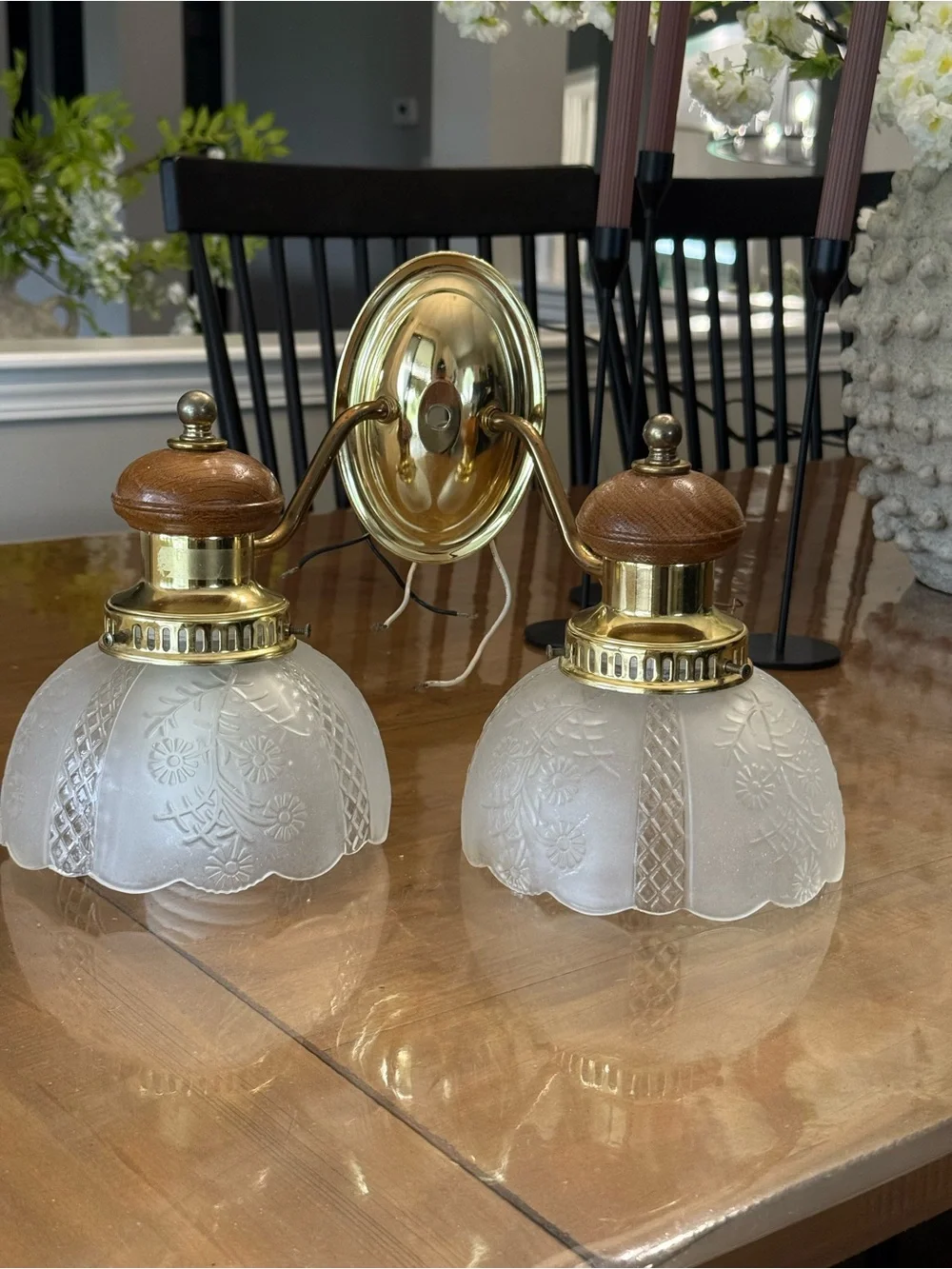 Brass and Frosted Glass Wall Sconce with Wood Accents - White